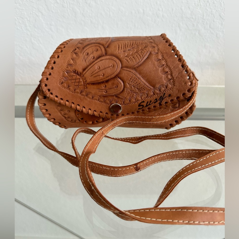 Crossbody Bag Womens Brown Leather Artisan Flap Tooled Single Strap